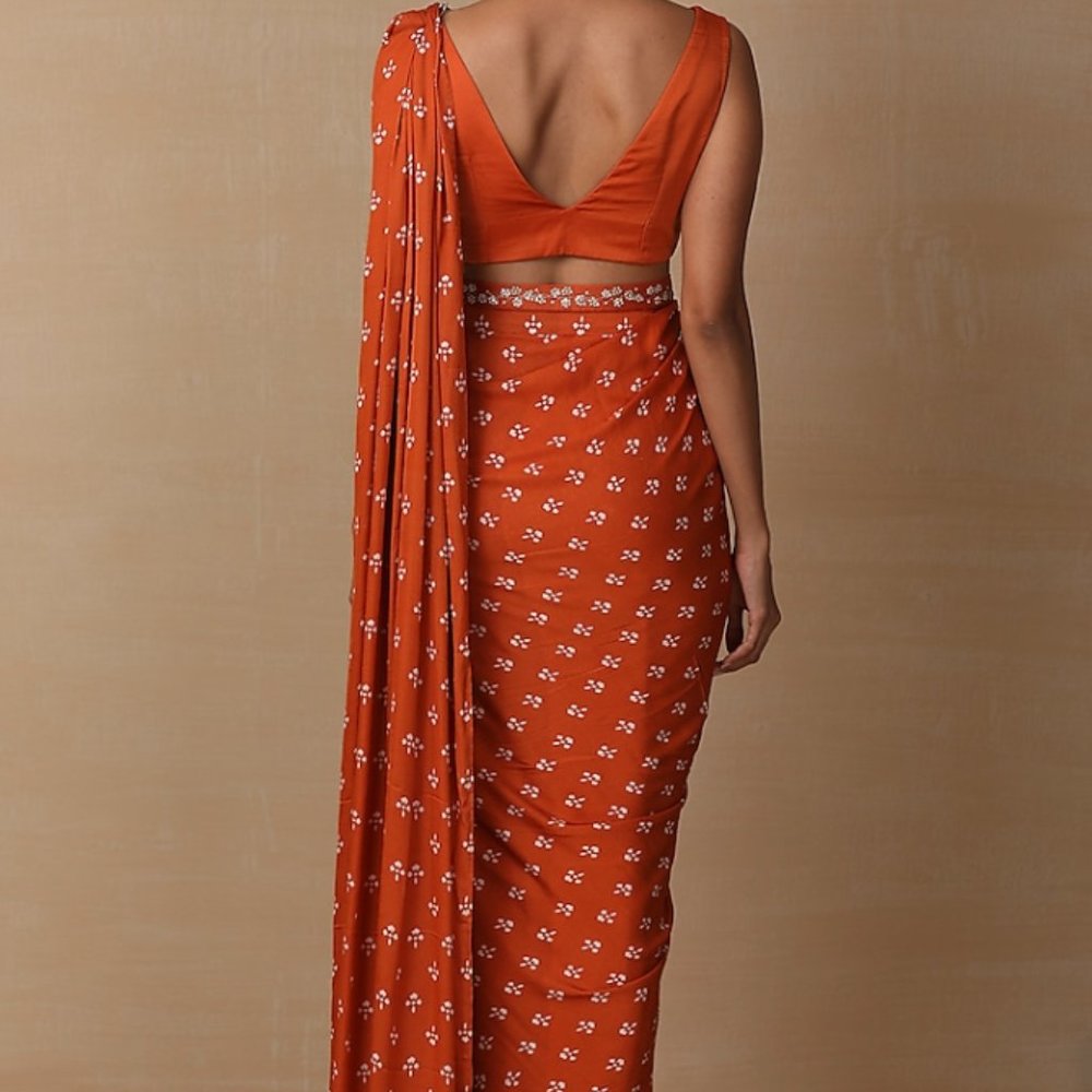 Rust Printed Pre-Draped Saree Set - Picture 4 of 4